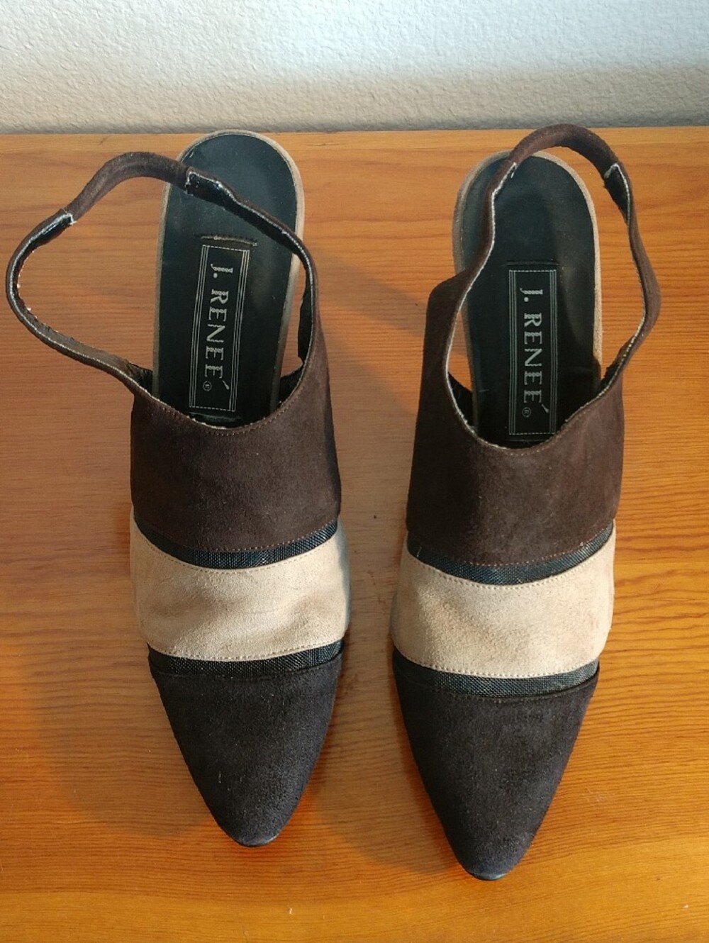 J.Renee Two-Tone Brown and Taupe Suede Slingback Heels - Picture 3 of 4